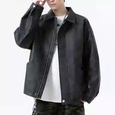 冈哉 美式复古纯色机场皮上衣时尚潮流翻领宽松休闲舒适百搭情侣日常皮衣外套 男女同款