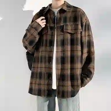 冈哉 港风复古格子双口袋拼接翻领单排扣设计美式潮流宽松松弛感衬衣外套外穿内搭叠穿休闲通勤长袖衬衫 男女同款