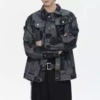 Gangzai Cartoon Jacquard Colorblock Denim Jacket