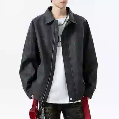 冈哉 美式复古纯色机场皮上衣时尚潮流翻领宽松休闲舒适百搭情侣日常皮衣外套 男女同款