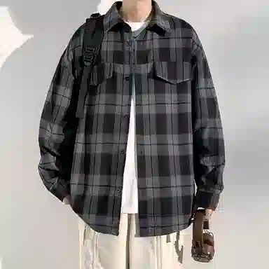 冈哉 港风复古格子双口袋拼接翻领单排扣设计美式潮流宽松松弛感衬衣外套外穿内搭叠穿休闲通勤长袖衬衫 男女同款