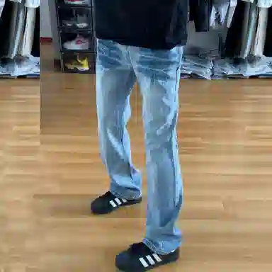冈哉 美式高街潮流复古潮牌小众猫爪痕闪电纹设计个性重水洗阔腿做旧弯刀百搭痞帅垂感宽松直筒日常通勤牛仔裤 男女同款