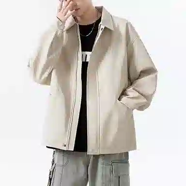 冈哉 美式复古纯色机场皮上衣时尚潮流翻领宽松休闲舒适百搭情侣日常皮衣外套 男女同款