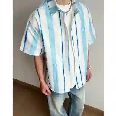 冈哉 美式渐变条纹拼接日常通勤亲肤薄款百搭直筒短袖衬衫 男女同款