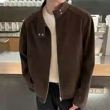 冈哉 美拉德麂皮皮上衣解构拼接立领设计美式复古高街痞帅休闲做旧纯色垂感小众夹克外套 男女同款