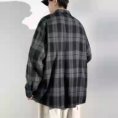 冈哉 港风复古格子双口袋拼接翻领单排扣设计美式潮流宽松松弛感衬衣外套外穿内搭叠穿休闲通勤长袖衬衫 男女同款