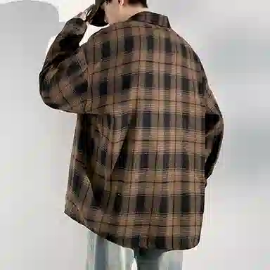 冈哉 港风复古格子双口袋拼接翻领单排扣设计美式潮流宽松松弛感衬衣外套外穿内搭叠穿休闲通勤长袖衬衫 男女同款