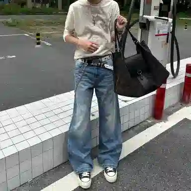 冈哉 美式复古高街潮流潮牌小众猫爪痕纹路设计个性水洗阔腿做旧弯刀百搭痞帅垂感宽松直筒日常通勤牛仔裤 男女同款