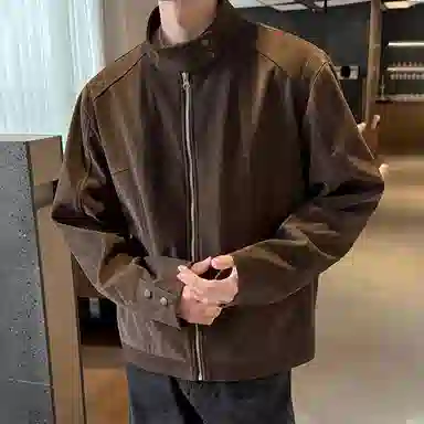 冈哉 美拉德麂皮皮上衣解构拼接立领设计美式复古高街痞帅休闲做旧纯色垂感小众夹克外套 男女同款