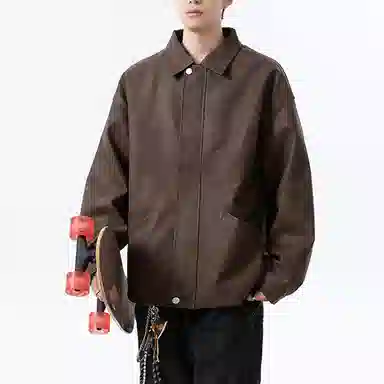 冈哉 美式复古纯色机场皮上衣时尚潮流翻领宽松休闲舒适百搭情侣日常皮衣外套 男女同款