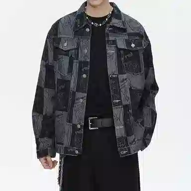 Gangzai Cartoon Jacquard Colorblock Denim Jacket