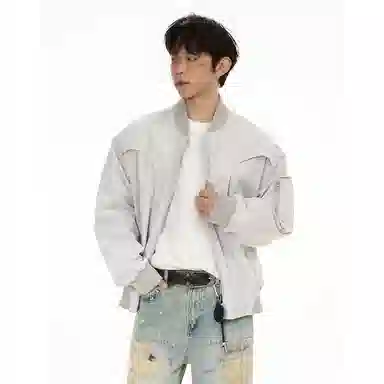 冈哉 美式简约解构装饰外套约棒球领下摆松紧慵懒感个性痞帅日常通勤柔软舒适亲肤飞行夹克  男女同款