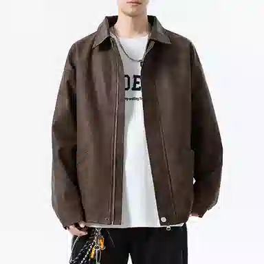 冈哉 美式复古纯色机场皮上衣时尚潮流翻领宽松休闲舒适百搭情侣日常皮衣外套 男女同款