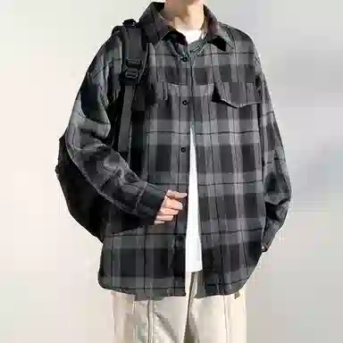 冈哉 港风复古格子双口袋拼接翻领单排扣设计美式潮流宽松松弛感衬衣外套外穿内搭叠穿休闲通勤长袖衬衫 男女同款