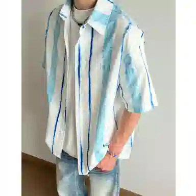 冈哉 美式渐变条纹拼接日常通勤亲肤薄款百搭直筒短袖衬衫 男女同款