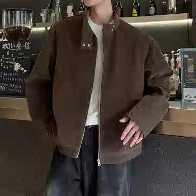 冈哉 美拉德麂皮皮上衣解构拼接立领设计美式复古高街痞帅休闲做旧纯色垂感小众夹克外套 男女同款