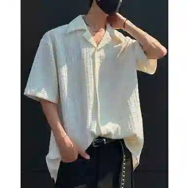 冈哉 美式高街古巴领肌理感提花小众设计冰丝凉感痞帅百搭慵懒风宽松透气休闲短袖衬衫 男女同款