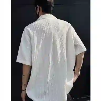冈哉 美式高街古巴领肌理感提花小众设计冰丝凉感痞帅百搭慵懒风宽松透气休闲短袖衬衫 男女同款