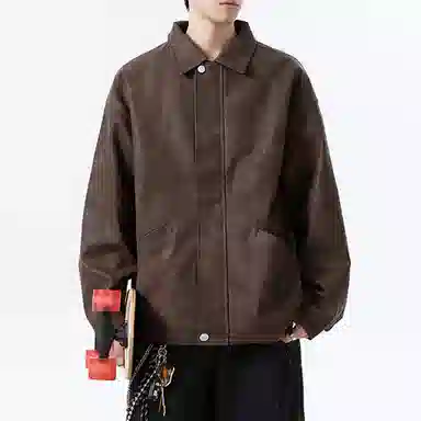 冈哉 美式复古纯色机场皮上衣时尚潮流翻领宽松休闲舒适百搭情侣日常皮衣外套 男女同款