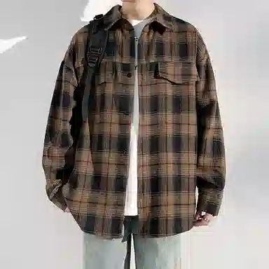 冈哉 港风复古格子双口袋拼接翻领单排扣设计美式潮流宽松松弛感衬衣外套外穿内搭叠穿休闲通勤长袖衬衫 男女同款