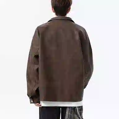 冈哉 美式复古纯色机场皮上衣时尚潮流翻领宽松休闲舒适百搭情侣日常皮衣外套 男女同款