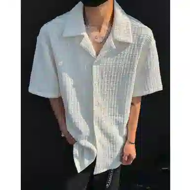 冈哉 美式高街古巴领肌理感提花小众设计冰丝凉感痞帅百搭慵懒风宽松透气休闲短袖衬衫 男女同款