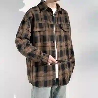 冈哉 港风复古格子双口袋拼接翻领单排扣设计美式潮流宽松松弛感衬衣外套外穿内搭叠穿休闲通勤长袖衬衫 男女同款