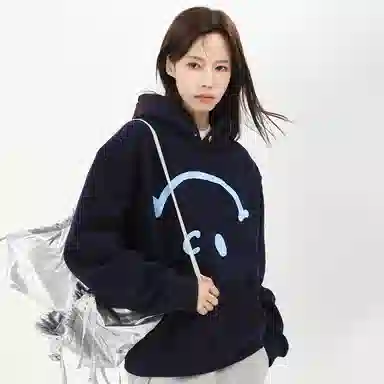 识恩 韩系创意倒笑脸加绒连帽套头卫衣 女款