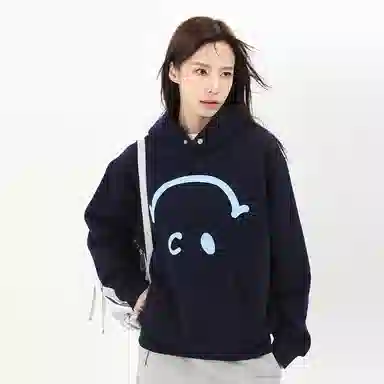 识恩 韩系创意倒笑脸加绒连帽套头卫衣 女款