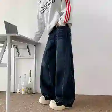 尘映 美式潮牌复古高街宽松水洗做旧阔腿牛仔裤 男女同款 深蓝色