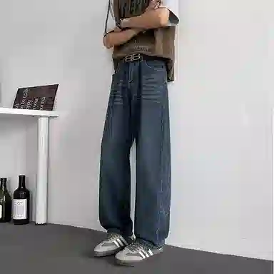 尘映 美式复古休闲潮流宽松直筒牛仔裤 男女同款 蓝色
