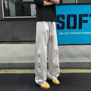 尘映 美式高街痞帅早秋常规白底直筒斜切伞兵裤校园穿搭阔腿裤男宽松拖地裤无性别亲肤学院百搭通勤运动裤子休闲裤 男女同款