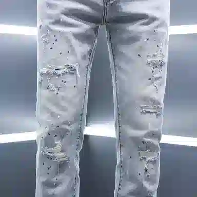 尘映 裤子破洞薄款修身小脚潮牌痞帅炸街牛仔裤 男款