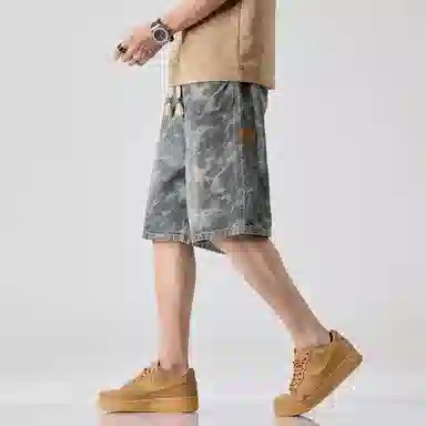 尘映 薄款迷彩休闲宽松直筒牛仔短裤 男款