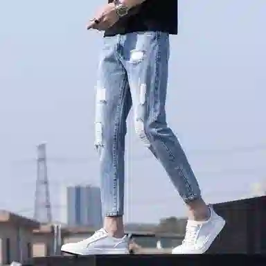 尘映 美式高街复古潮牌破洞水洗直筒休闲百搭透气清凉九分小脚修身牛仔裤 男女同款