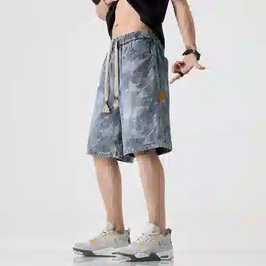 尘映 薄款迷彩休闲宽松直筒牛仔短裤 男款