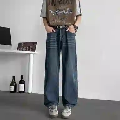 尘映 美式复古休闲潮流宽松直筒牛仔裤 男女同款 蓝色