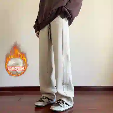 尘映 美式高街痞帅早秋常规加绒款菠萝格校园穿搭直筒阔腿裤男宽松拖地裤无性别亲肤学院百搭通勤运动裤子休闲裤 男女同款