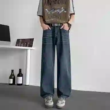 尘映 美式复古休闲潮流宽松直筒牛仔裤 男女同款 蓝色