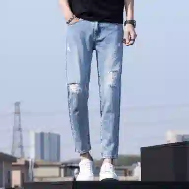 尘映 美式高街潮牌复古破洞水洗休闲百搭透气清凉九分小脚修身牛仔裤 男女同款