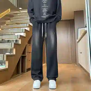 尘映 美式潮牌薄款宽松直筒阔腿工装松紧腰休闲裤 男款