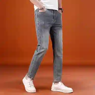 尘映 美式潮牌高端浅色裤子薄款潮韩版时尚百搭修身休闲直筒九分牛仔裤 男款