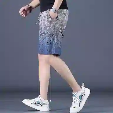 尘映 美式潮牌薄款不规则印花五分中裤运动沙滩裤休闲短裤 男款