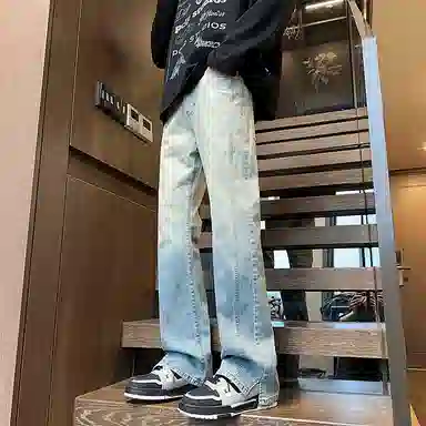 尘映 美式高街潮牌休闲宽松直筒牛仔裤 男女同款