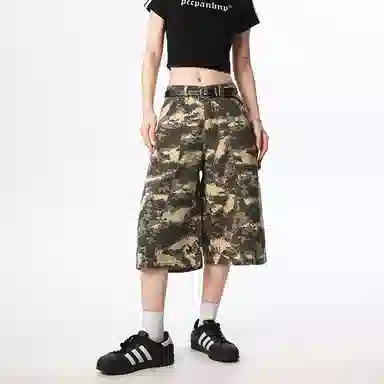 尘映 美式高街迷彩百搭潮流宽松直筒薄款七分牛仔短裤 男女同款