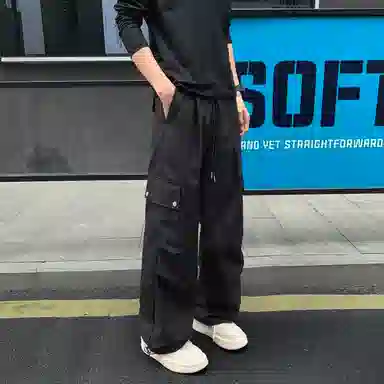 尘映 美式高街痞帅早秋常规防水伞兵裤校园穿搭直筒阔腿裤男宽松拖地裤无性别亲肤学院百搭通勤运动裤子休闲裤 男女同款
