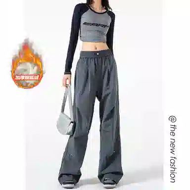 尘映 美式高街痞帅早秋常规加绒款柳钉装饰褶皱校园穿搭直筒阔腿裤男宽松拖地裤无性别亲肤学院百搭通勤运动裤子休闲裤 男女同款