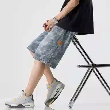 尘映 薄款迷彩休闲宽松直筒牛仔短裤 男款