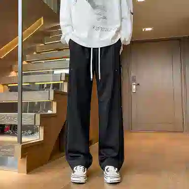 尘映 美式潮牌薄款宽松直筒阔腿工装松紧腰休闲裤 男款