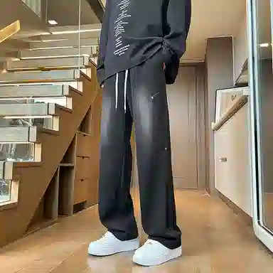 尘映 美式潮牌薄款宽松直筒阔腿工装松紧腰休闲裤 男款